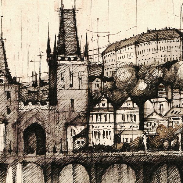 PRAGUE / PRAHA Panorama Mix SEPIA - ORIGINAL drawing 70x50cm, 27.5x19.5 inch