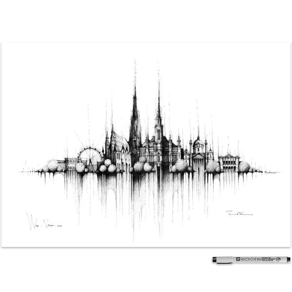 WIEN / VIENNA Panorama Mix BW - ORIGINAL drawing, 50x35cm, 20×14 inch