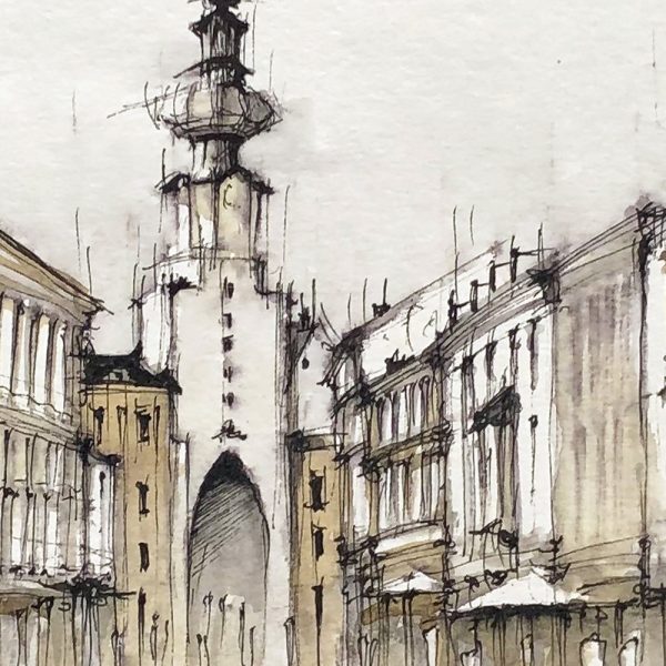 BRATISLAVA Michalska Street - ORIGINAL watercolour+drawing, 50x25cm, 20×10 inch